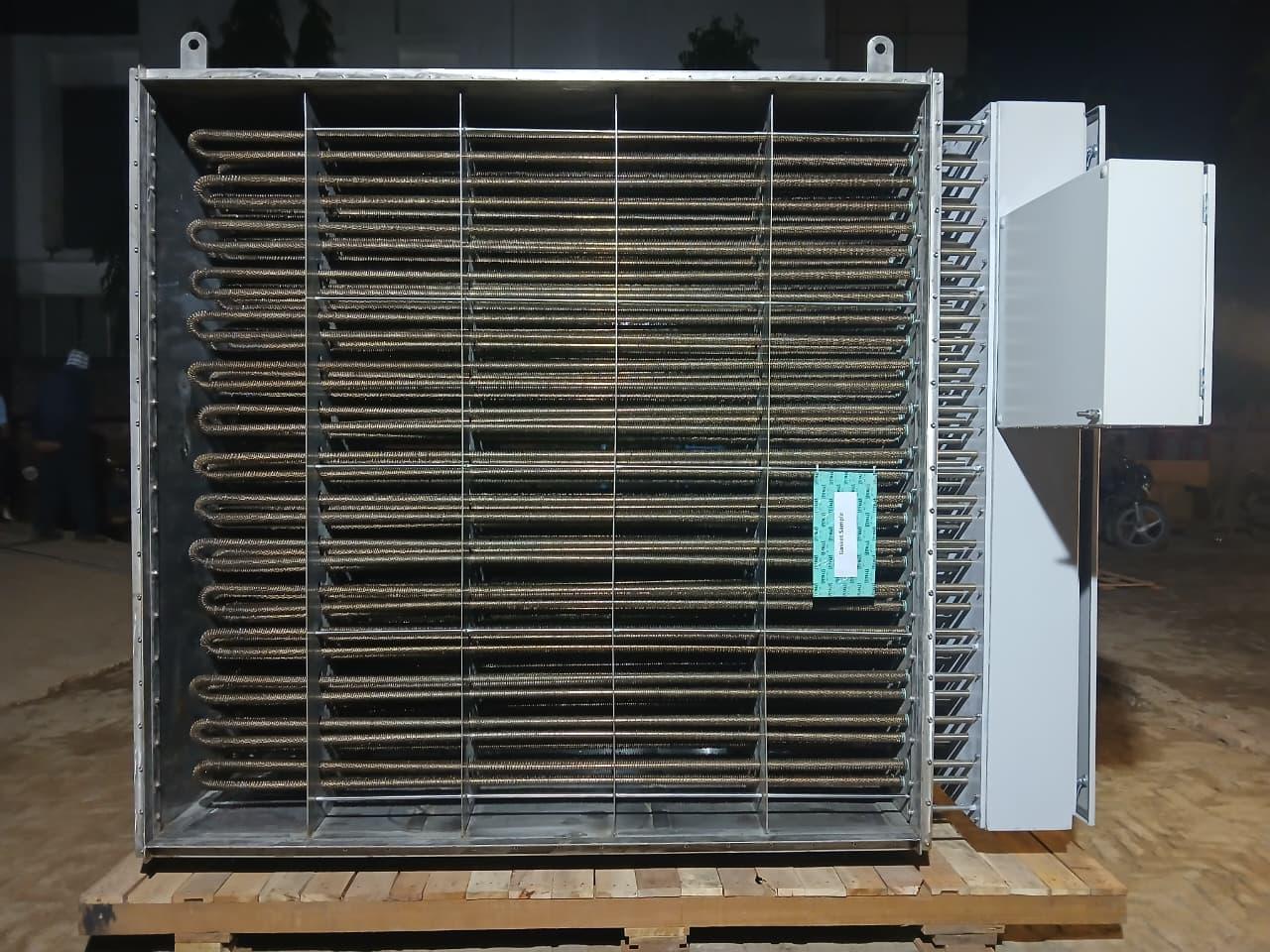 Finned tubular electric air heater bank with integral control enclosure