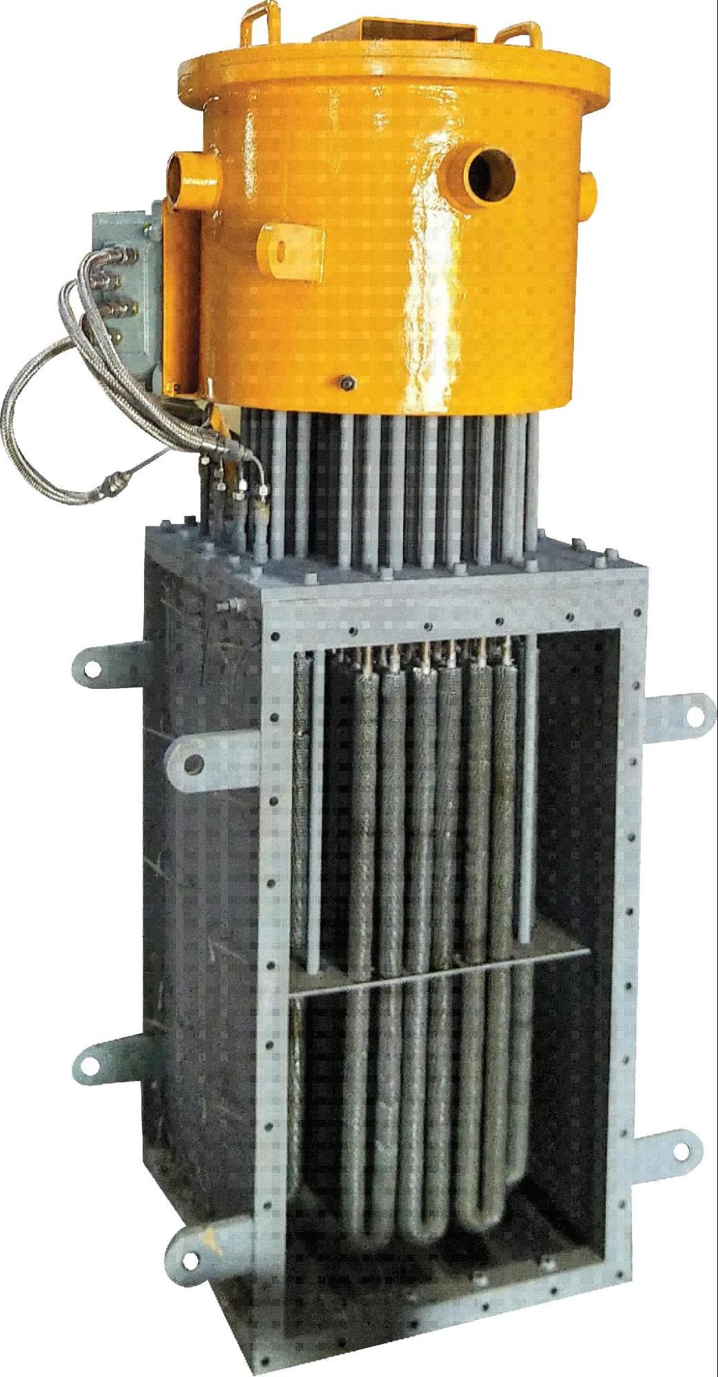 Flameproof Ex'd' electric air heater with orange flameproof enclosure