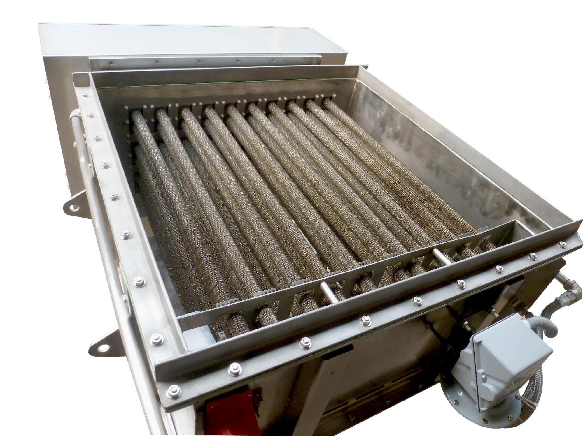 Open finned-element duct heater showing the element bank, casing, and terminal enclosure